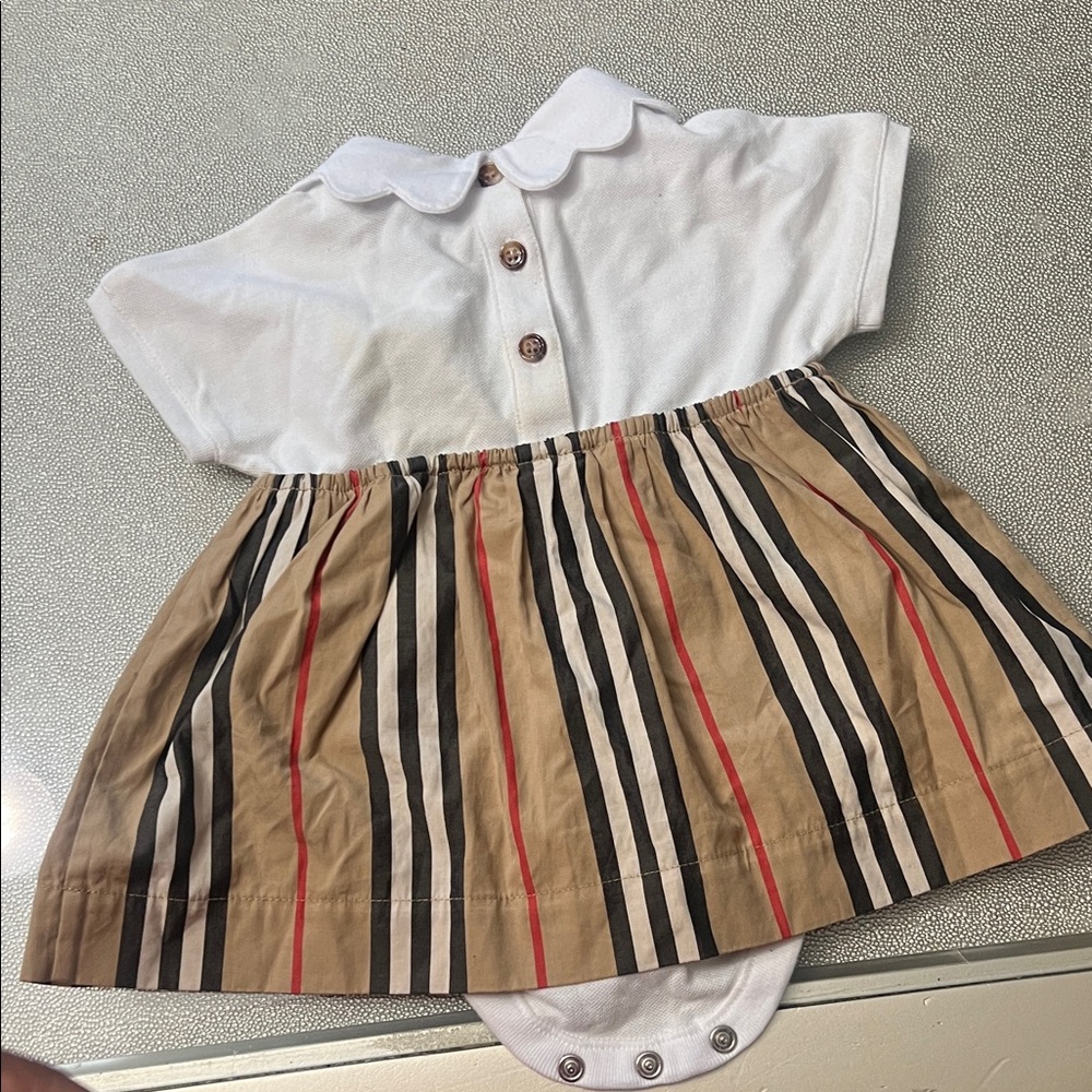 Burberry White and Tan Striped Kids Dress